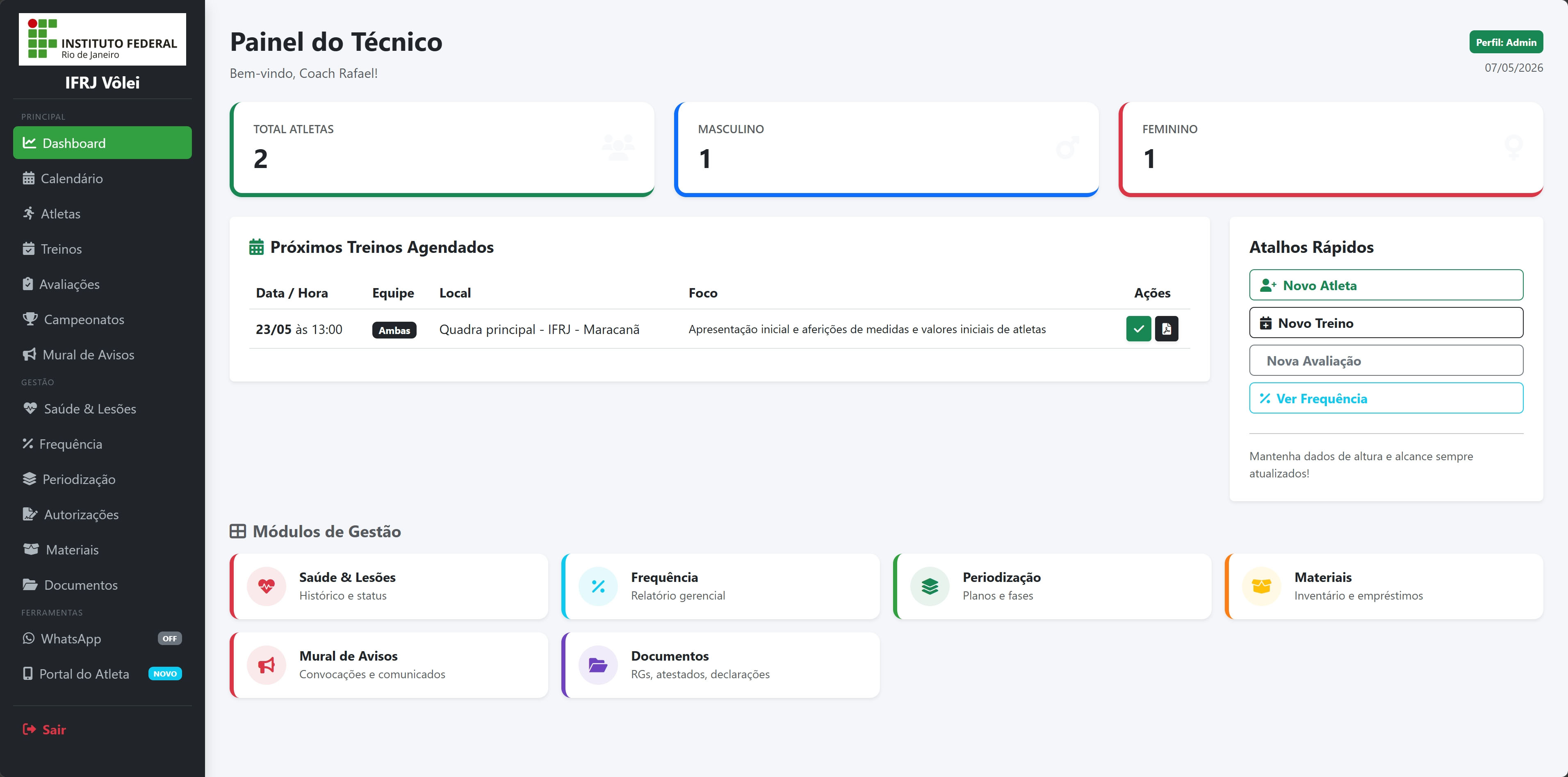 Dashboard do Técnico — IFRJ Vôlei