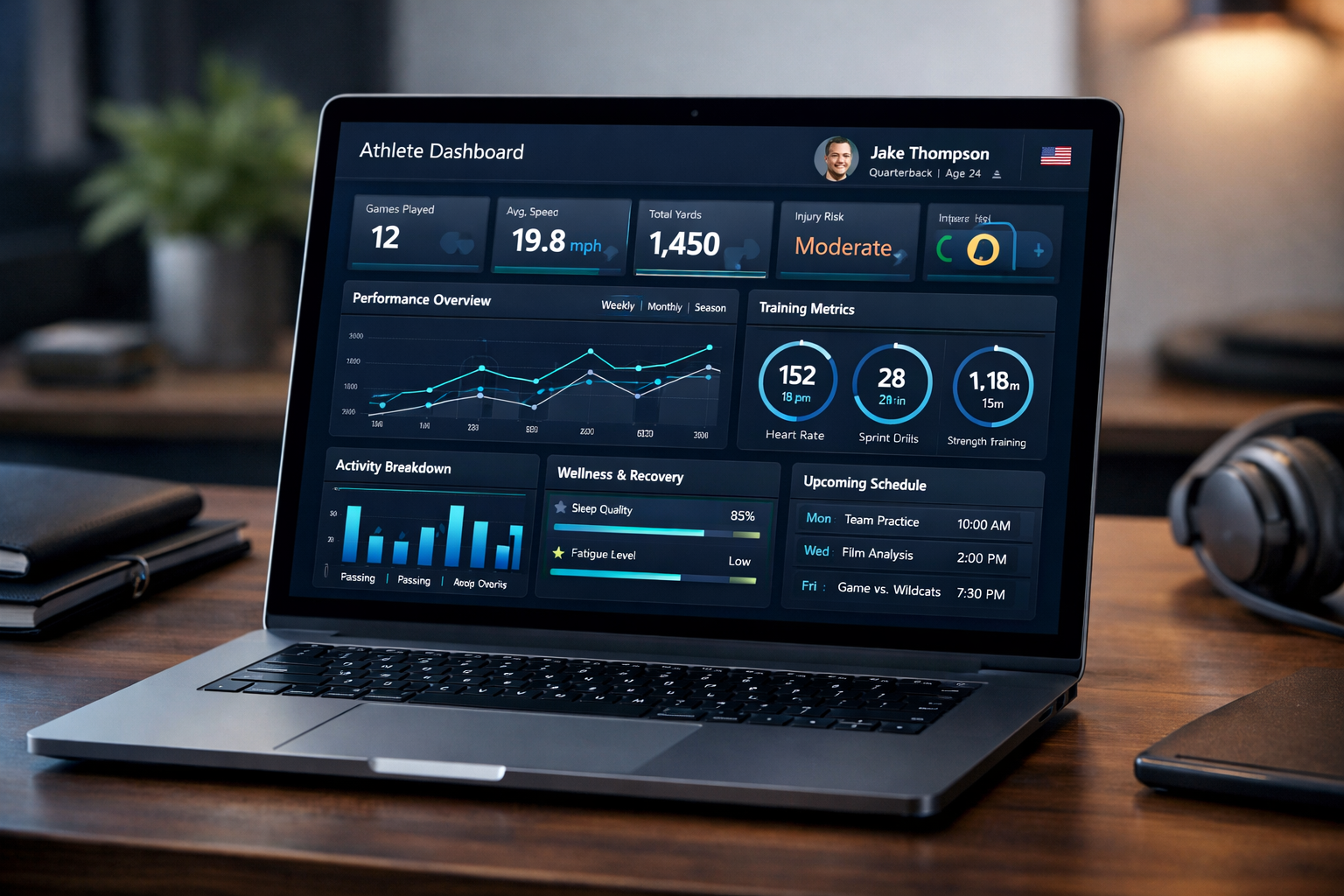 Imagem ilustrativa de um dashboard do sistema Athlon360, mostrando gráficos e dados de desempenho esportivo